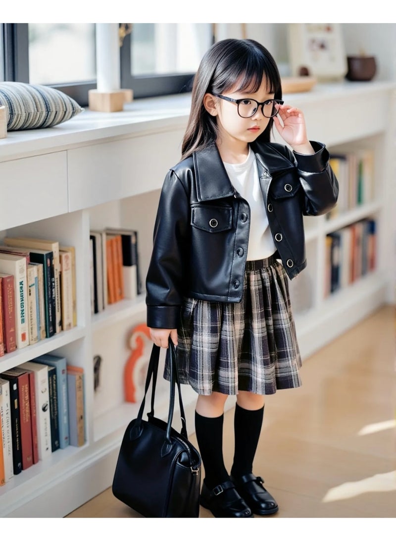 Girls Black Faux Leather Jacket & Plaid Pleated Skirt Set – 3PCS Fashion Outfit - Image 2